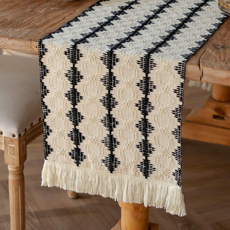 vgunama Boho Table Runners with Tassels 72inches, Macrame Farmhouse Table Runner For Dining, Bedroom & Kitchen Decor (black and white) - Image 3