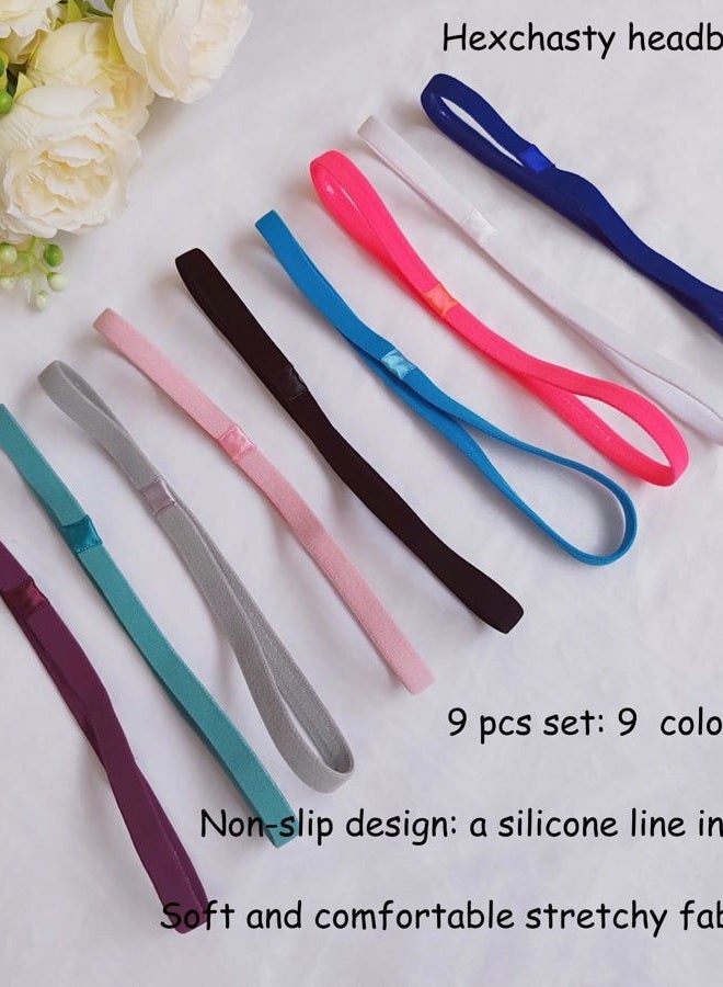 Hexchasty 9pcs Elastic Thin Headbands for Women Stretchy Skinny Headbands Sports Athletic Hair Bands for Women Men Girls Boys Teen Black Multi-colored - Image 3