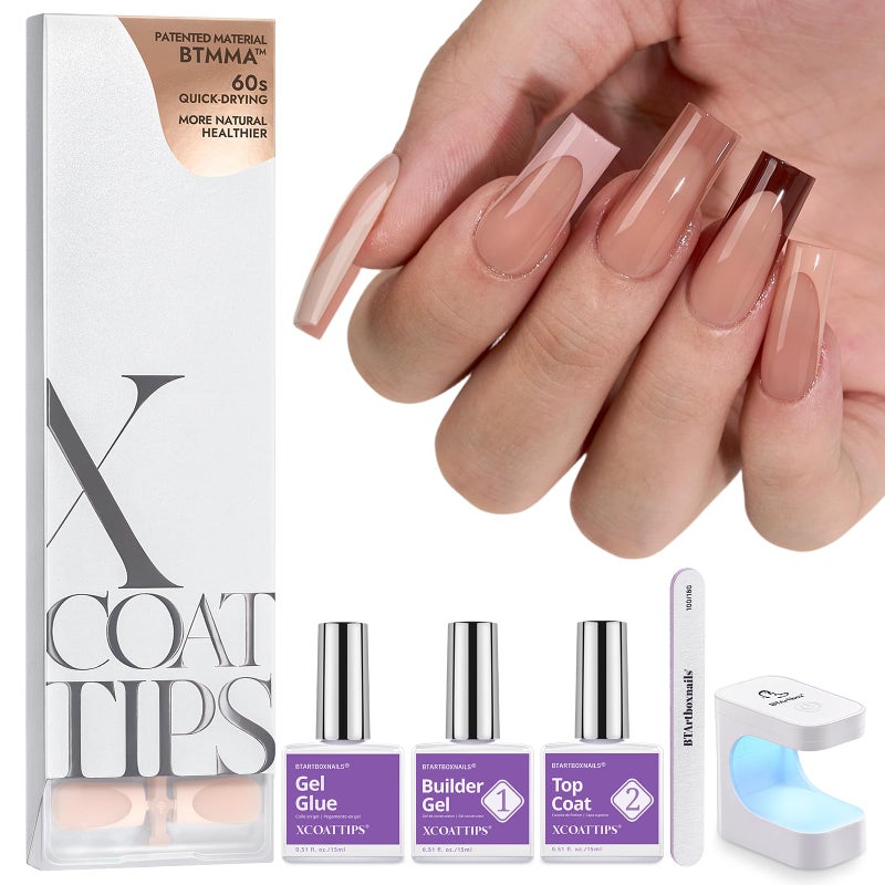 BTArtboxnails XCOATTIPS Nails Press Ons - Skin Tones Press on Nails Square, Long Soft Gel Nail Tips with Nail Gel, French Protecting Duo, Nail Lamp, All in One Fake Nail Extension Kit - Image 1