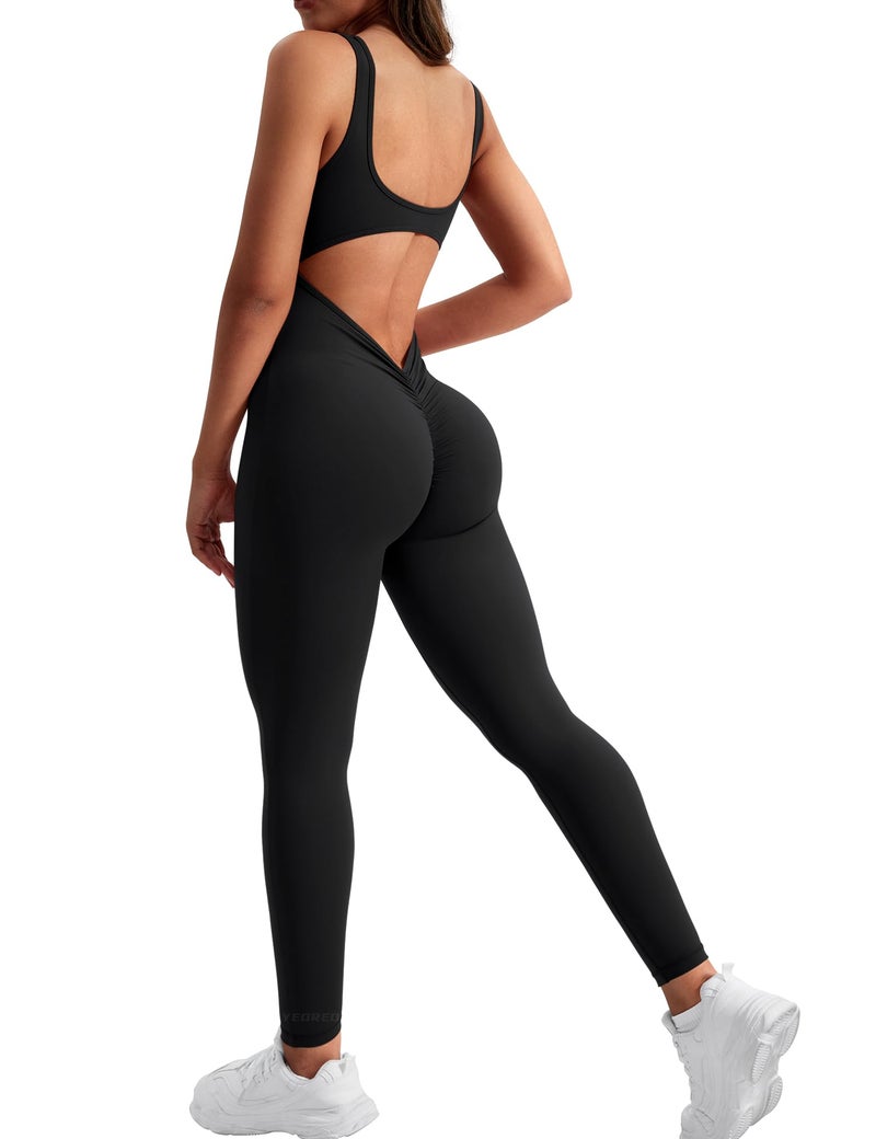 YEOREO Sleeveless Jumpsuits for Women Sexy Backless Gym Bodycon Lizvette V Back Scrunch Butt Rompers Black L - Image 1