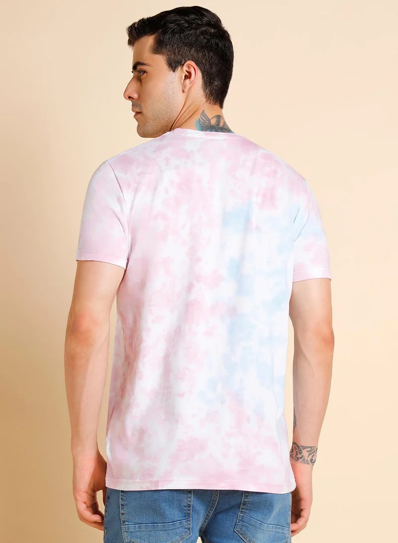 دينيس لينغو Blue Dyed Regular Fit Crew Neck T-shirt for Men - 100% Cotton, Half Sleeves, Casual
