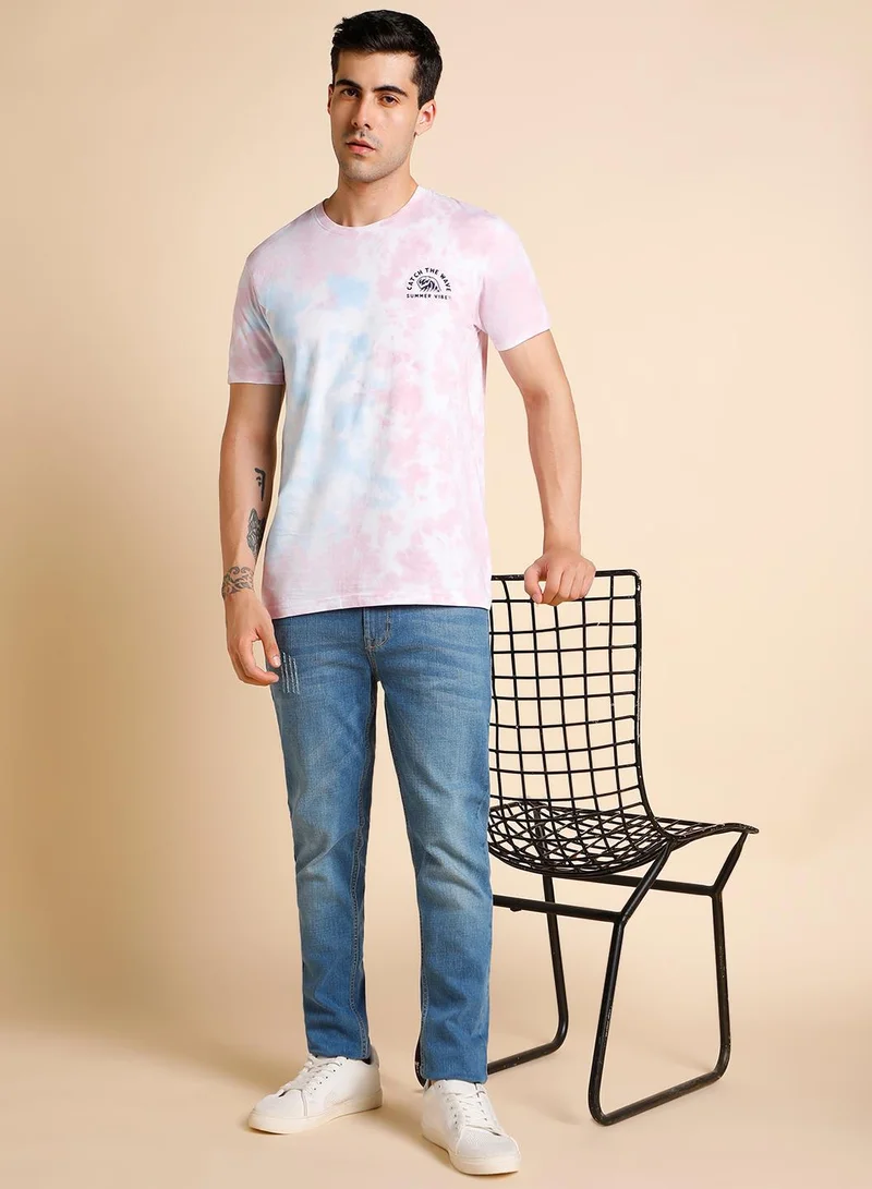 دينيس لينغو Blue Dyed Regular Fit Crew Neck T-shirt for Men - 100% Cotton, Half Sleeves, Casual