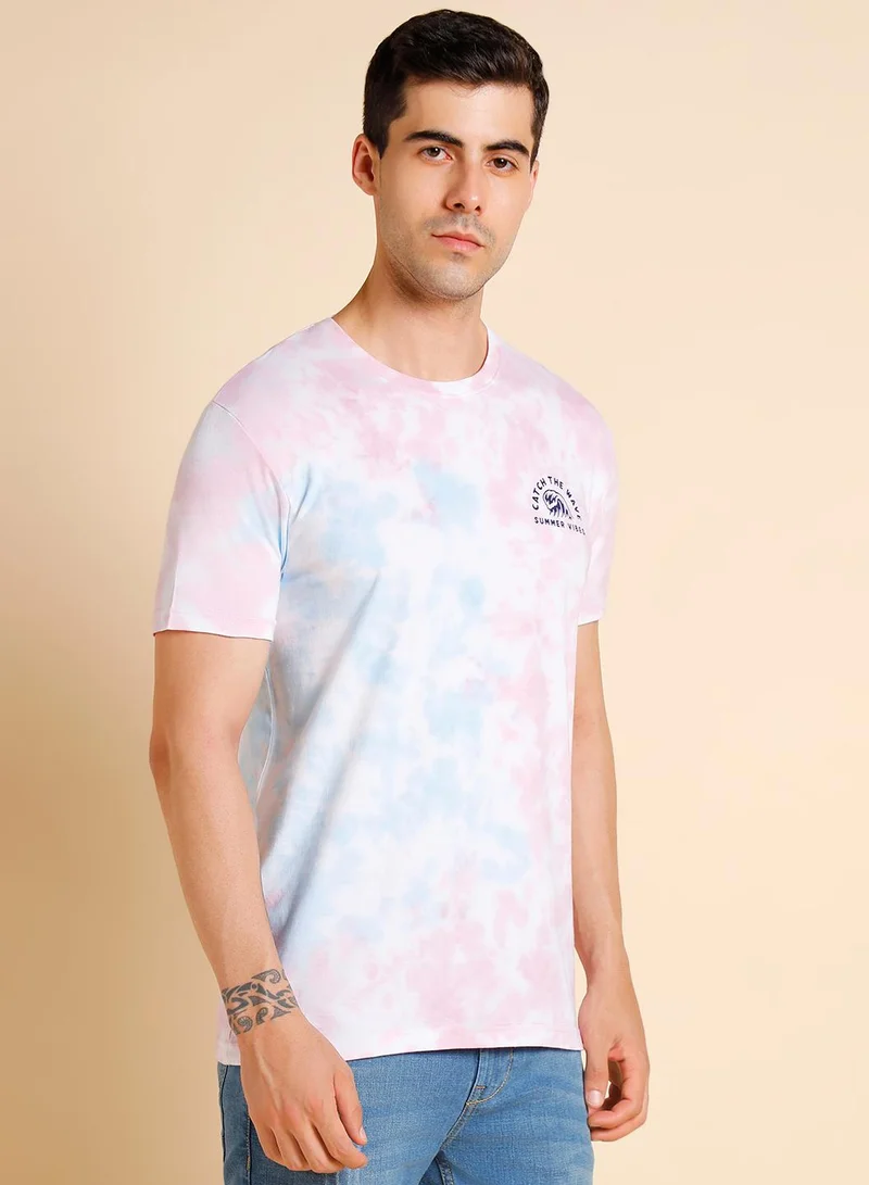 دينيس لينغو Blue Dyed Regular Fit Crew Neck T-shirt for Men - 100% Cotton, Half Sleeves, Casual