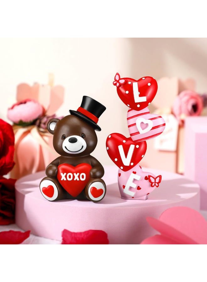 ShinyRelief 2 Pcs Valentine‘s Day Figurines Resin Teddy Bear Tabletop Love Heart Sculpture Decoration Valentine Pink Table Centerpiece for Dining Room Home Party Supplies Gifts Decor - Image 5