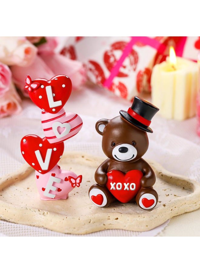 ShinyRelief 2 Pcs Valentine‘s Day Figurines Resin Teddy Bear Tabletop Love Heart Sculpture Decoration Valentine Pink Table Centerpiece for Dining Room Home Party Supplies Gifts Decor - Image 2
