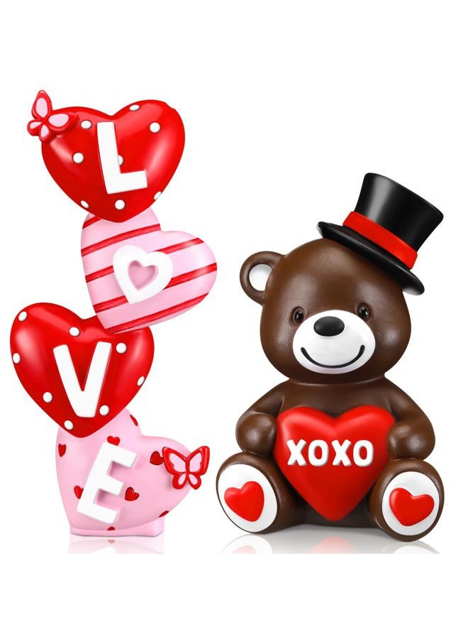 ShinyRelief 2 Pcs Valentine‘s Day Figurines Resin Teddy Bear Tabletop Love Heart Sculpture Decoration Valentine Pink Table Centerpiece for Dining Room Home Party Supplies Gifts Decor - Image 1