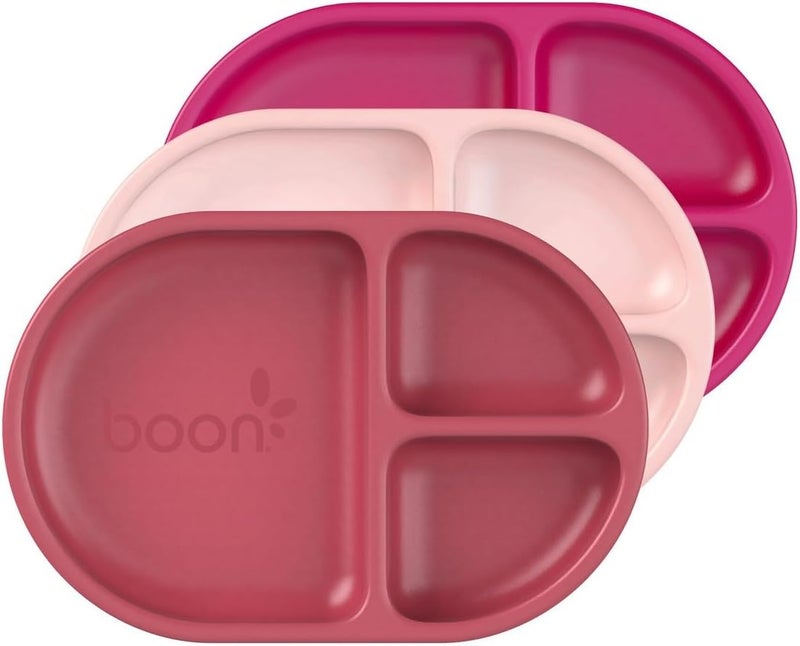 Boon Chow Silicone Plate Set - 3 Unbreakable Divided Toddler Plates in Pink Multicolor for Baby Led Weaning - Image 1