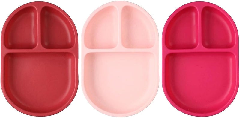 Boon Chow Silicone Plate Set - 3 Unbreakable Divided Toddler Plates in Pink Multicolor for Baby Led Weaning - Image 2