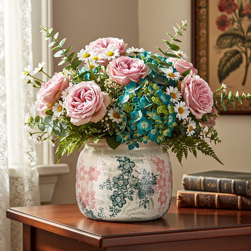 Ninehaoou Vintage Planter Large Ceramic Plants Pot Green Pink Rose Ice Cottage Scroll Vase Flower Vase Pot Indoor Plants Home Decor Farmhouse Antique Decorative Gifts - Image 4