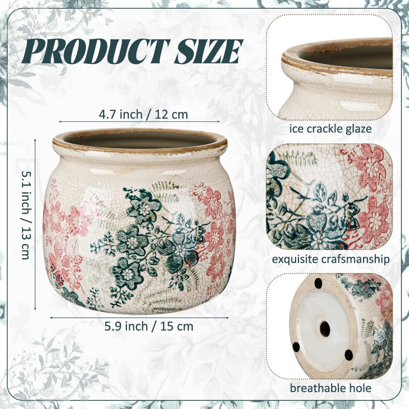 Ninehaoou Vintage Planter Large Ceramic Plants Pot Green Pink Rose Ice Cottage Scroll Vase Flower Vase Pot Indoor Plants Home Decor Farmhouse Antique Decorative Gifts - Image 2
