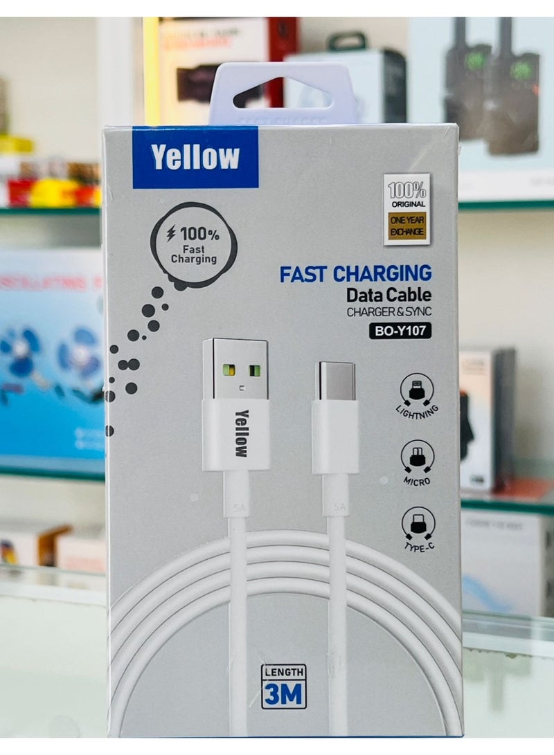 Yellow BO-Y107 Fast Charging Type-C Cable 3M - Image 2
