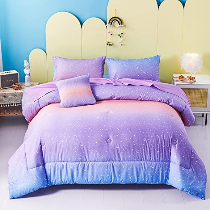 GIRLS COMFORTER SET QUEEN 6PCS GRADIENT PURPLE ORANGE GLITTER MOON STAR PRINTED BED IN A BAG SOFT BREATHABLE BEDDING SET FOR ALL SEASON STAR QUEEN SIZE