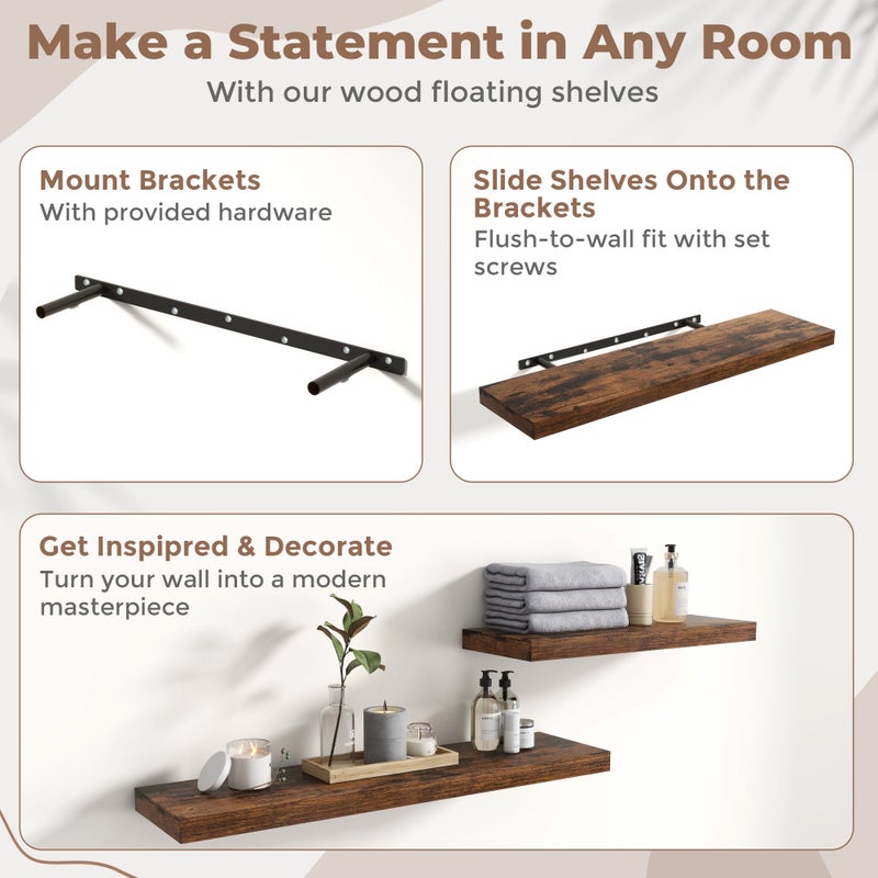 Marsmiles Floating Shelves for Wall with Invisible Brackets, Wall Mounted Engineered Wood Shelves with Wood Grain for Living Room, Bathroom, Kitchen Decor and Storage, Oak, 40"L Set of 2, Rustic Brown - Image 5
