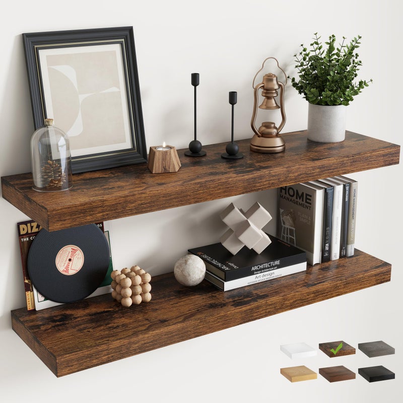 Marsmiles Floating Shelves for Wall with Invisible Brackets, Wall Mounted Engineered Wood Shelves with Wood Grain for Living Room, Bathroom, Kitchen Decor and Storage, Oak, 40"L Set of 2, Rustic Brown - Image 1