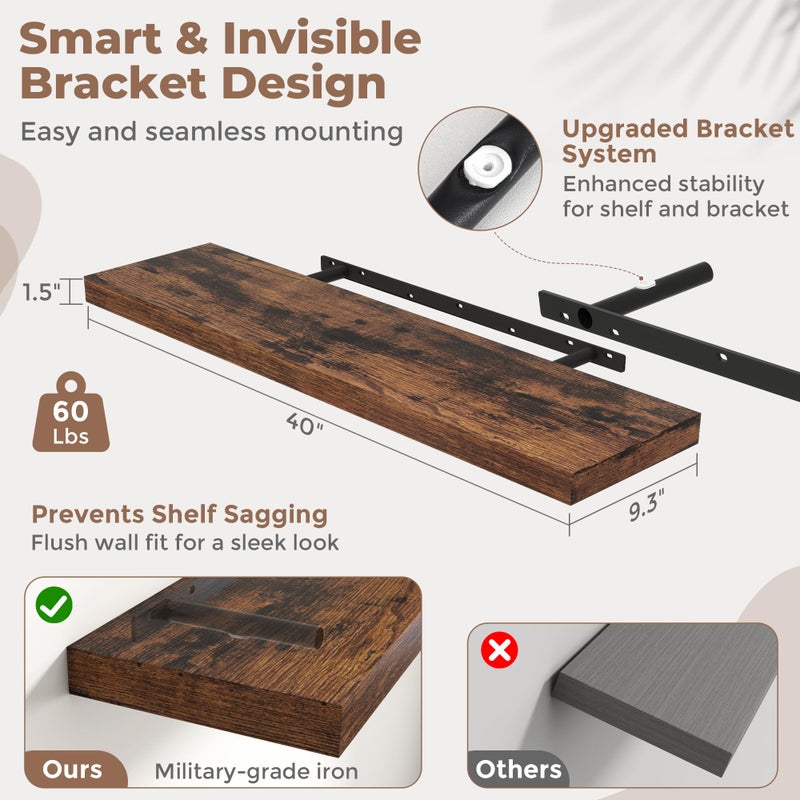 Marsmiles Floating Shelves for Wall with Invisible Brackets, Wall Mounted Engineered Wood Shelves with Wood Grain for Living Room, Bathroom, Kitchen Decor and Storage, Oak, 40"L Set of 2, Rustic Brown - Image 4