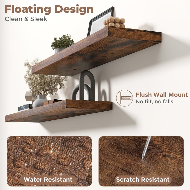 Marsmiles Floating Shelves for Wall with Invisible Brackets, Wall Mounted Engineered Wood Shelves with Wood Grain for Living Room, Bathroom, Kitchen Decor and Storage, Oak, 40"L Set of 2, Rustic Brown - Image 3