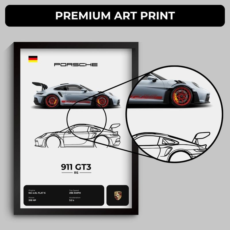 Funk You Store Engineered Wood Porsche 911 GT3 RS Poster | Framed Porsche A4 Sized (31 x 23 cm) | Gift for Boys, 911 Frame | Supercar Frames | Car Posters for Wall, Bedroom, Hostel, Study Room - Image 5