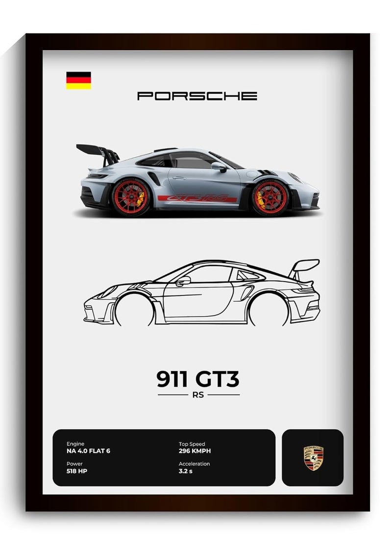 Funk You Store Engineered Wood Porsche 911 GT3 RS Poster | Framed Porsche A4 Sized (31 x 23 cm) | Gift for Boys, 911 Frame | Supercar Frames | Car Posters for Wall, Bedroom, Hostel, Study Room - Image 1