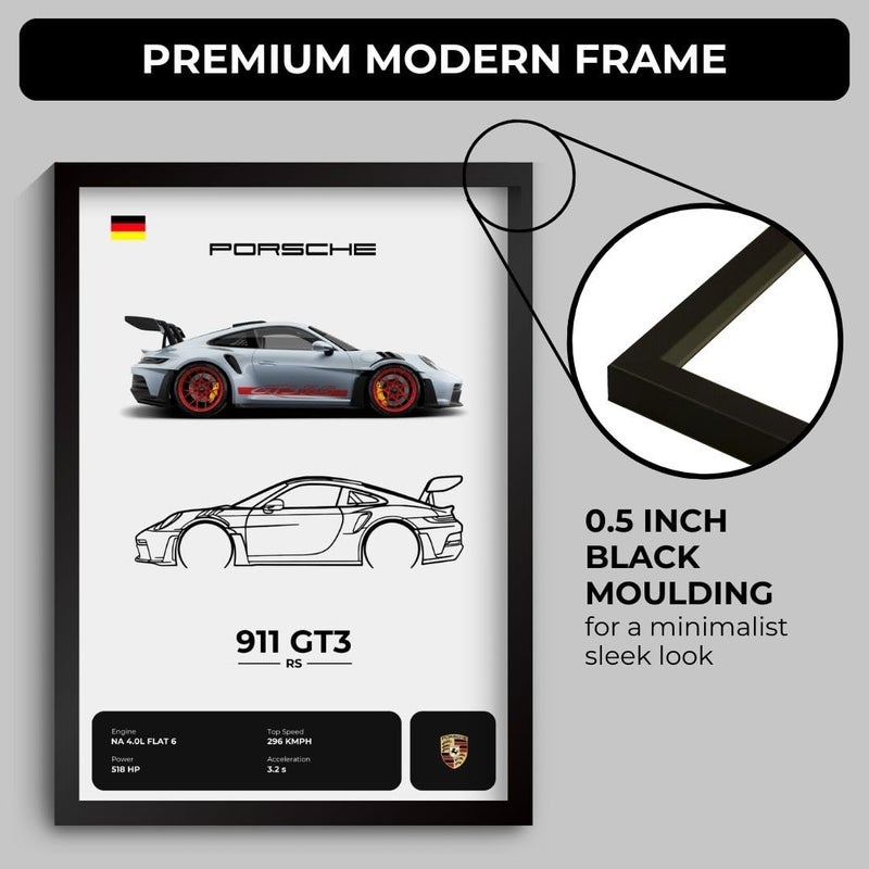 Funk You Store Engineered Wood Porsche 911 GT3 RS Poster | Framed Porsche A4 Sized (31 x 23 cm) | Gift for Boys, 911 Frame | Supercar Frames | Car Posters for Wall, Bedroom, Hostel, Study Room - Image 4
