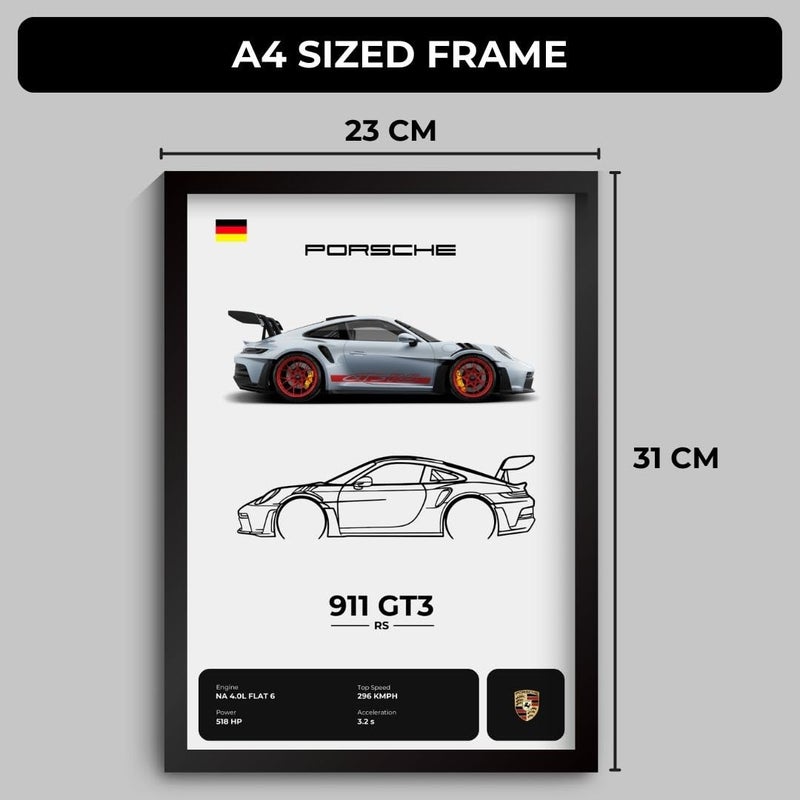 Funk You Store Engineered Wood Porsche 911 GT3 RS Poster | Framed Porsche A4 Sized (31 x 23 cm) | Gift for Boys, 911 Frame | Supercar Frames | Car Posters for Wall, Bedroom, Hostel, Study Room - Image 2