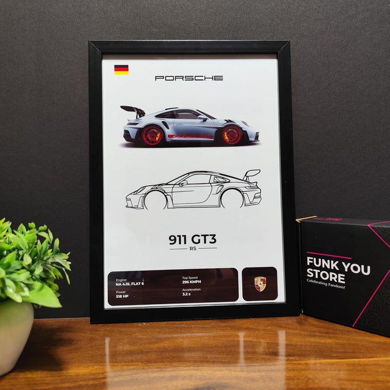 Funk You Store Engineered Wood Porsche 911 GT3 RS Poster | Framed Porsche A4 Sized (31 x 23 cm) | Gift for Boys, 911 Frame | Supercar Frames | Car Posters for Wall, Bedroom, Hostel, Study Room - Image 3