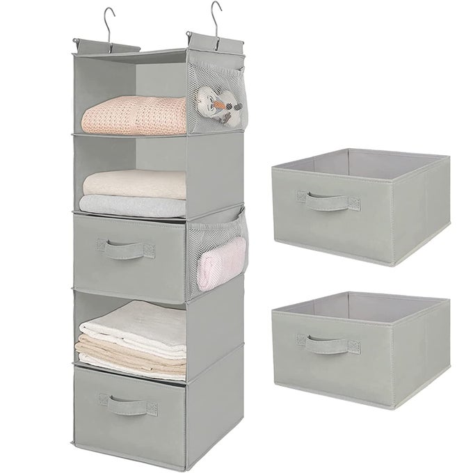 5 TIER SHELF HANGING CLOSET ORGANIZER CLOTH HANGING SHELF WITH 2 STURDY HOOKS FOR STORAGE FOLDABLE LIGHT GREYD2