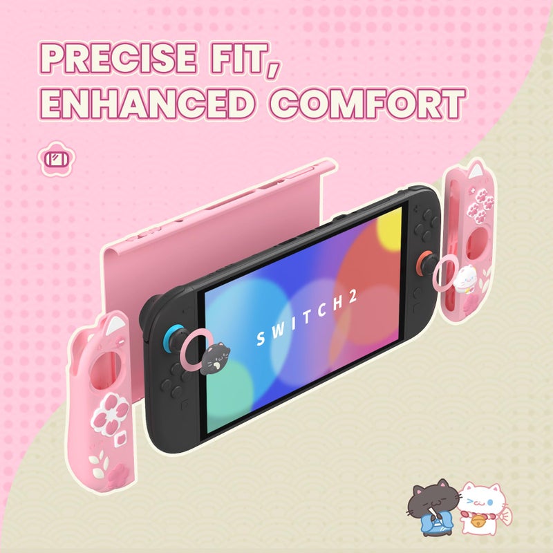 PlayVital Cherry Blossoms Kitten Protective Case for Nintendo Switch 2 with Stand | Cute Cat Ear & Paw Silicone Grips, Dockable Hard Shell, 2 Joystick Caps | Full-Body Protection Cover, Pink - Image 3