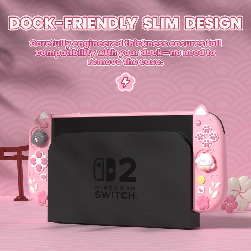 PlayVital Cherry Blossoms Kitten Protective Case for Nintendo Switch 2 with Stand | Cute Cat Ear & Paw Silicone Grips, Dockable Hard Shell, 2 Joystick Caps | Full-Body Protection Cover, Pink - Image 2
