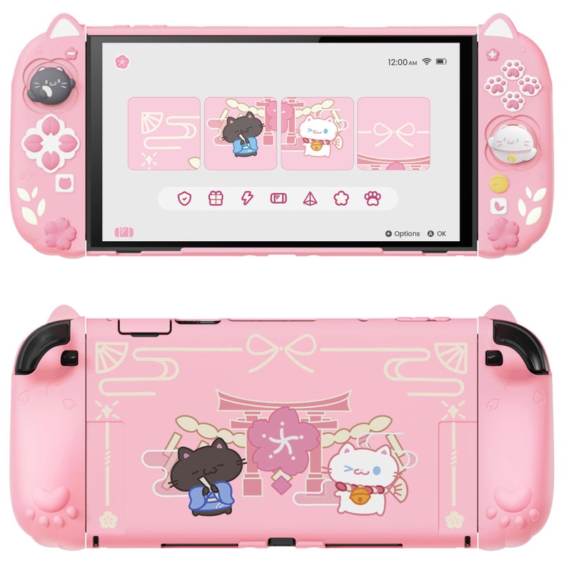 PlayVital Cherry Blossoms Kitten Protective Case for Nintendo Switch 2 with Stand | Cute Cat Ear & Paw Silicone Grips, Dockable Hard Shell, 2 Joystick Caps | Full-Body Protection Cover, Pink - Image 1