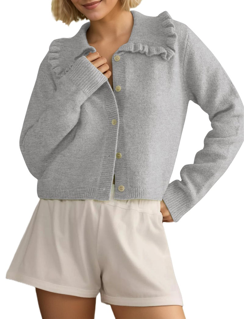 MISSACTIVER Women Ruffle Collar Cropped Cardigan Casual Lapel Button Down Sweaters Long Sleeve Open Front Knit Jacket Grey - Image 1