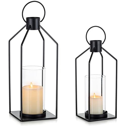 Nuptio Decorative Lantern Candle Holder 2 Pcs Glass Hurricane Pillar Candles Holders Rustic Black Metal Hanging Lanterns Decor for Outdoor Wedding Farmhouse Home Fireplace Christmas Halloween - Image 1