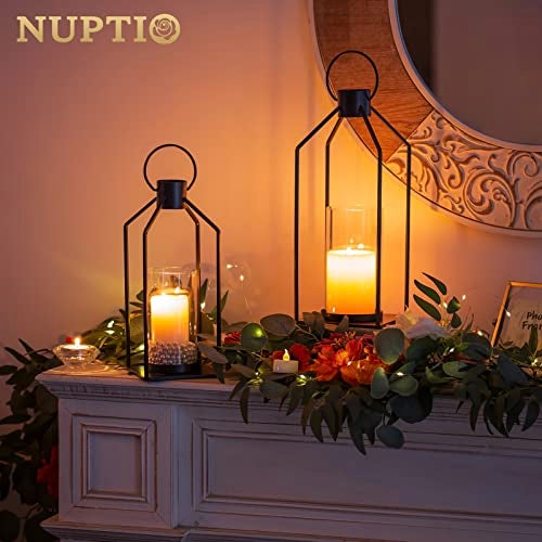Nuptio Decorative Lantern Candle Holder 2 Pcs Glass Hurricane Pillar Candles Holders Rustic Black Metal Hanging Lanterns Decor for Outdoor Wedding Farmhouse Home Fireplace Christmas Halloween - Image 3