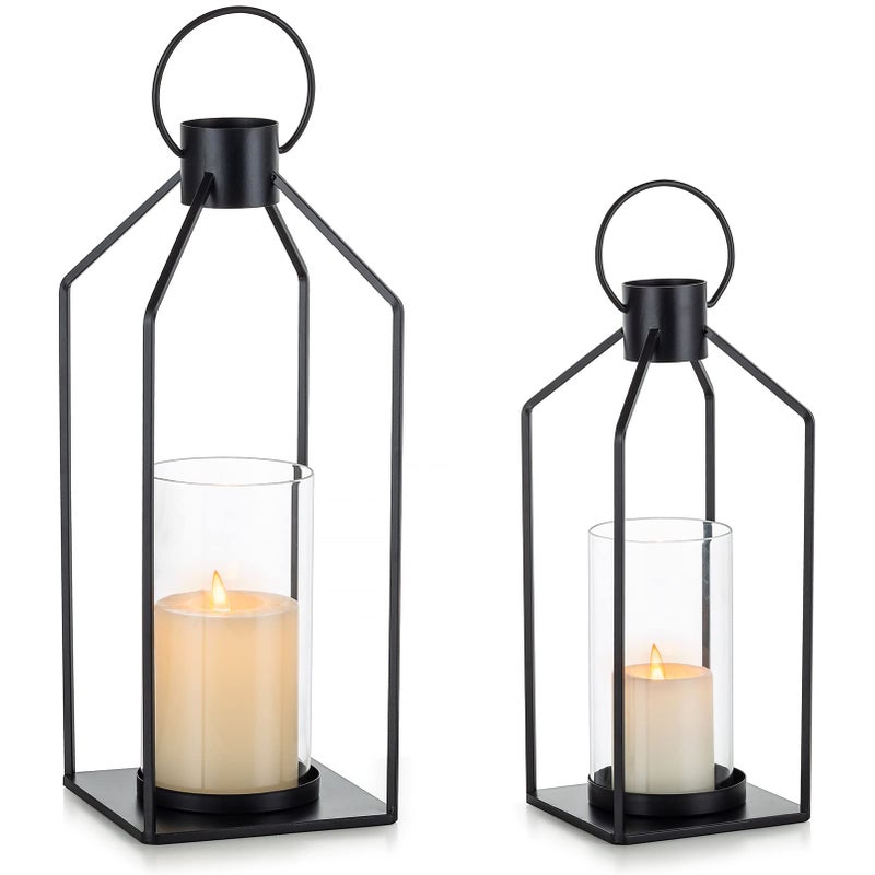 Nuptio Decorative Lantern Candle Holder 2 Pcs Glass Hurricane Pillar Candles Holders Rustic Black Metal Hanging Lanterns Decor for Outdoor Wedding Farmhouse Home Fireplace Christmas Halloween - Image 2