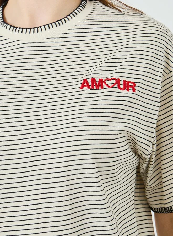 Styli Women Beige Striped Embroidered T-Shirt