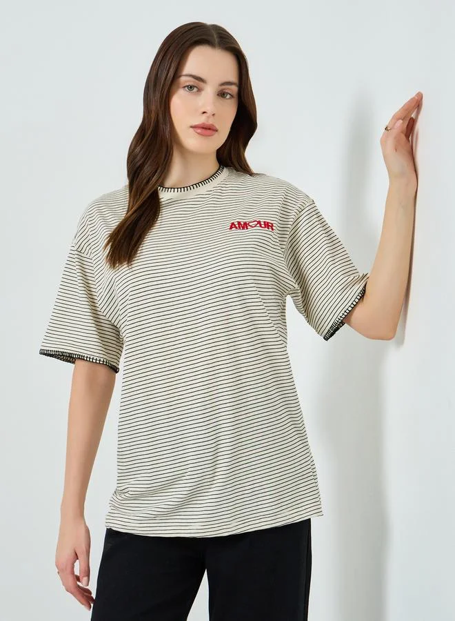 Styli Women Beige Striped Embroidered T-Shirt