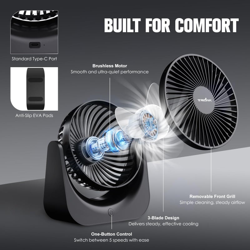 TRILINK Small USB Desk Fan â€“ 5-Speed Mini Table Fan with Adjustable Tilt, Ultra Quiet, USB Powered, Portable Cooling Fan for Home, Desktop, Bedroom, Bed, Office, Travel, and Camping (Black) - Image 3