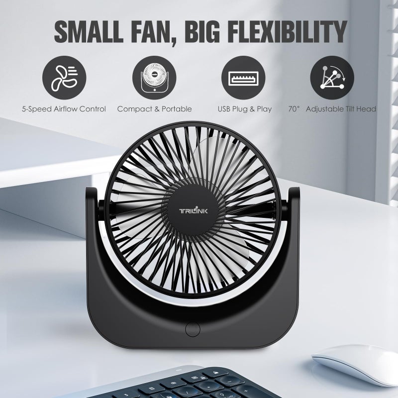 TRILINK Small USB Desk Fan â€“ 5-Speed Mini Table Fan with Adjustable Tilt, Ultra Quiet, USB Powered, Portable Cooling Fan for Home, Desktop, Bedroom, Bed, Office, Travel, and Camping (Black) - Image 2