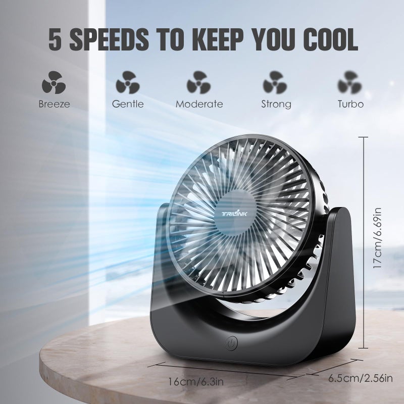 TRILINK Small USB Desk Fan â€“ 5-Speed Mini Table Fan with Adjustable Tilt, Ultra Quiet, USB Powered, Portable Cooling Fan for Home, Desktop, Bedroom, Bed, Office, Travel, and Camping (Black) - Image 4