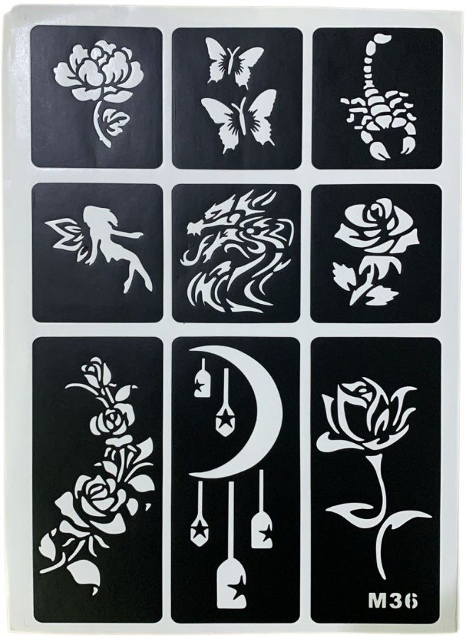 1 Sheet Henna Tattoo Stencils Temporary Stickers Reusable Body Art Templates Collection for Women Kids Adults Premium Self-Adhesive Design Kit Arabic Indian Festival Wedding Party Body Paint Includes Rose, Butterflies, Scorpion, Dragon, Fairy, Crescent Moon, and Floral Vine for Flawless Instant Beauty.