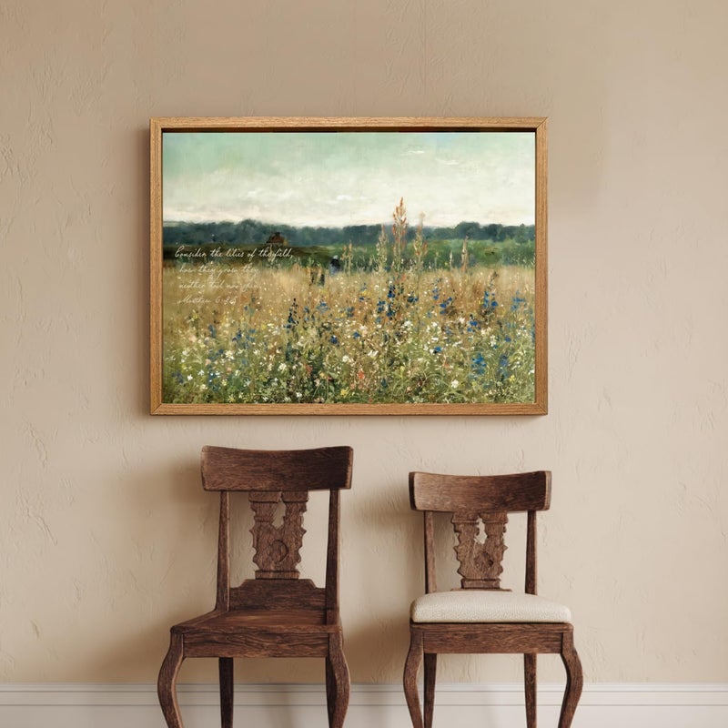 Cyebmo Christian Bible Verse Wall Art, Vintage â€œConsider the Liliesâ€ Scripture Wall Decor, Rustic Wildflower Canvas Painting, Religious Jesus Artwork for Church Prayer Hospital Wood Framed 12"x16" - Image 1