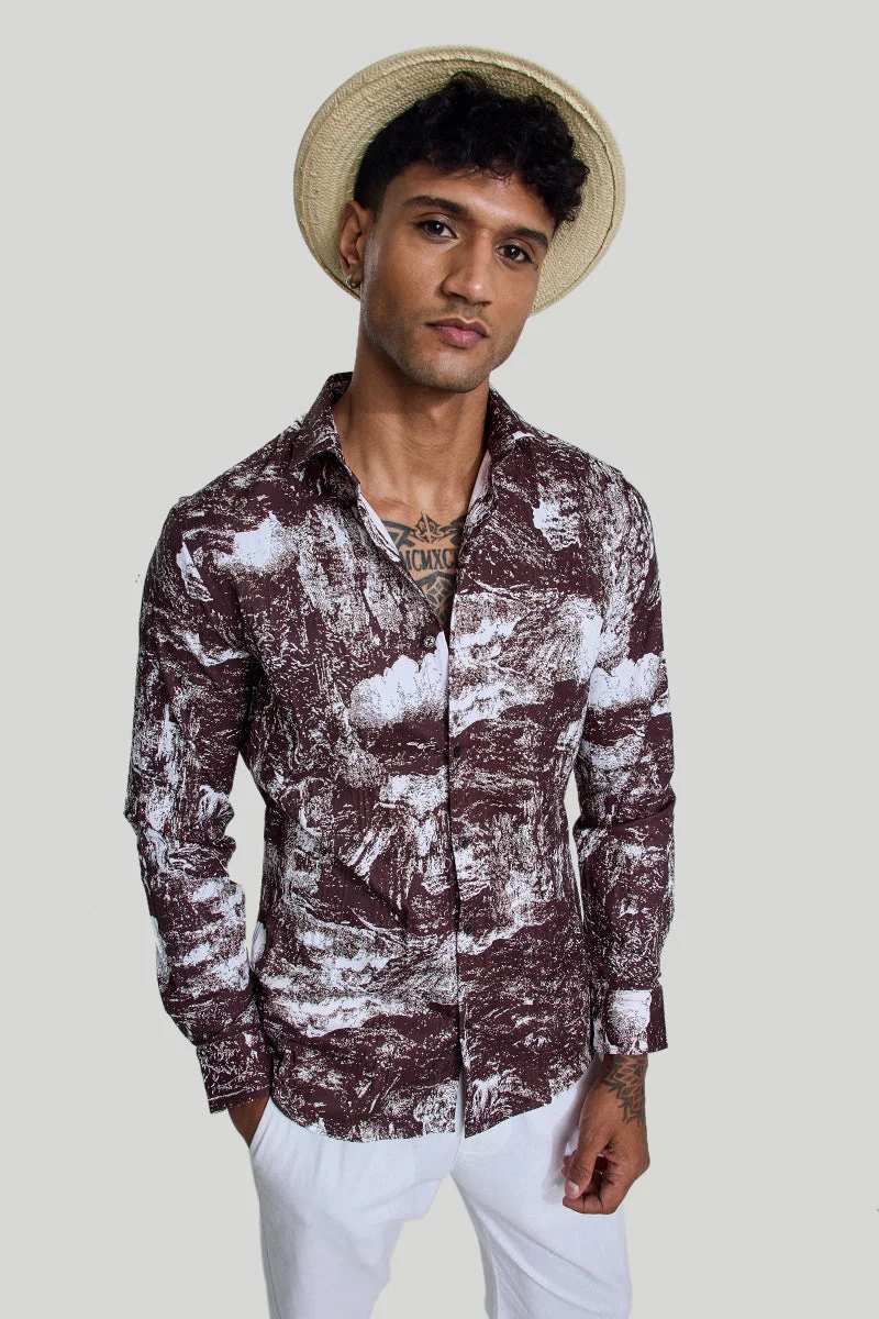 SNITCH Brown Abstract Long Sleeve Slim Fit Casual Shirt