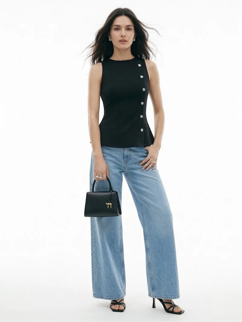 Outzidr  Black Peplum Top With Embellished Buttons for Women | Best Price UAE