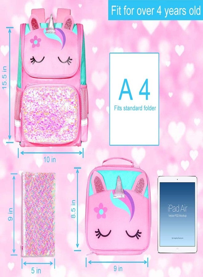 UFNDC 3PCS Unicorn Backpack for Girls,15" Kids Sequin Bookbag with Lunch Box,Pink School Bag for Elementary Preschool Toddler - Image 4
