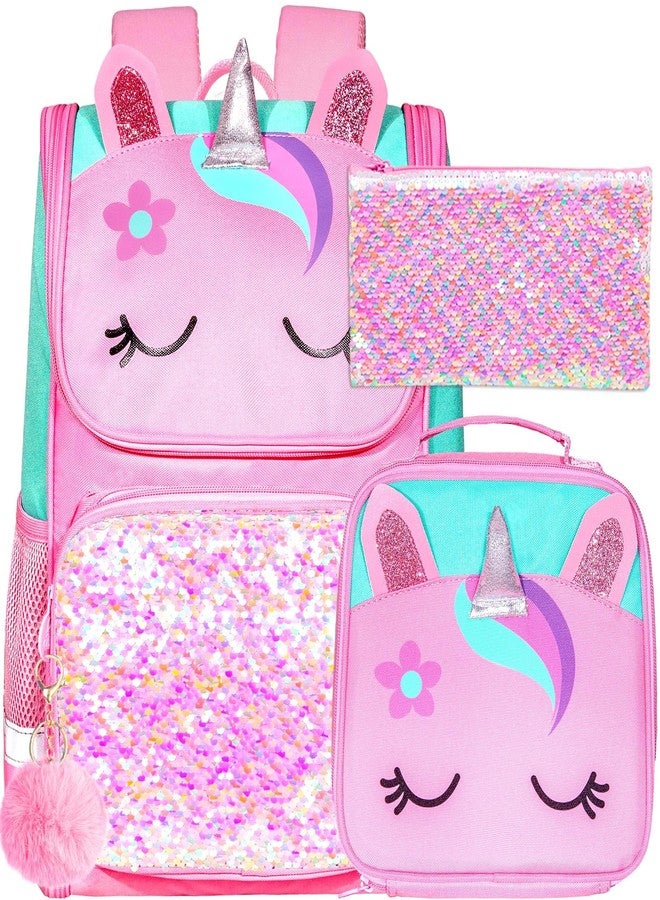 UFNDC 3PCS Unicorn Backpack for Girls,15" Kids Sequin Bookbag with Lunch Box,Pink School Bag for Elementary Preschool Toddler - Image 1