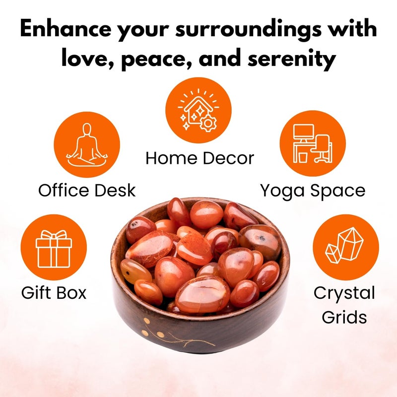 Plus Value Natural Red Carnelian Pebbles Tumbled Power Stone for Enlightenment Vastu Feng Shui Aura Chakra Reiki Healing Crystals 300grams Wooden Bowl - Image 2
