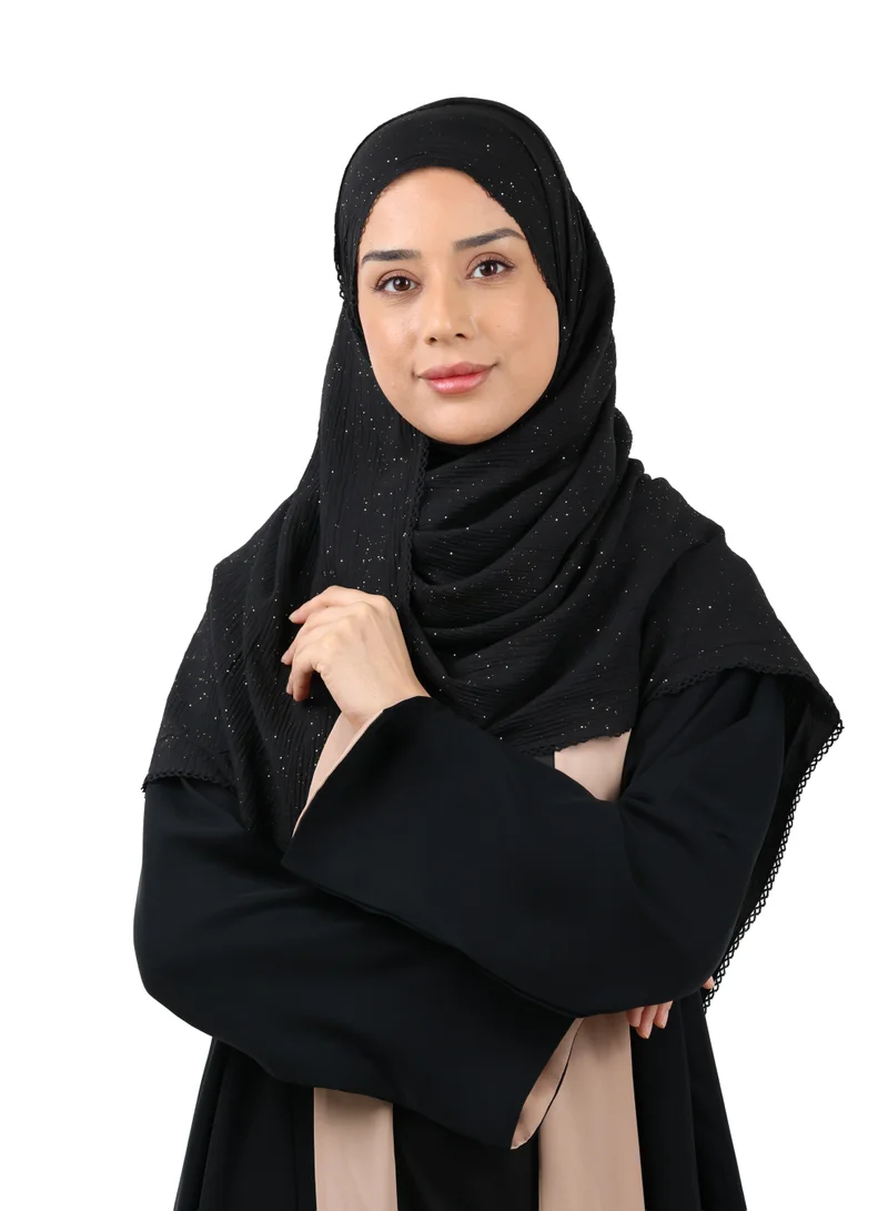 Crinkle Cotton Mix Scarf with Lace Trim & Shimmer (Black)