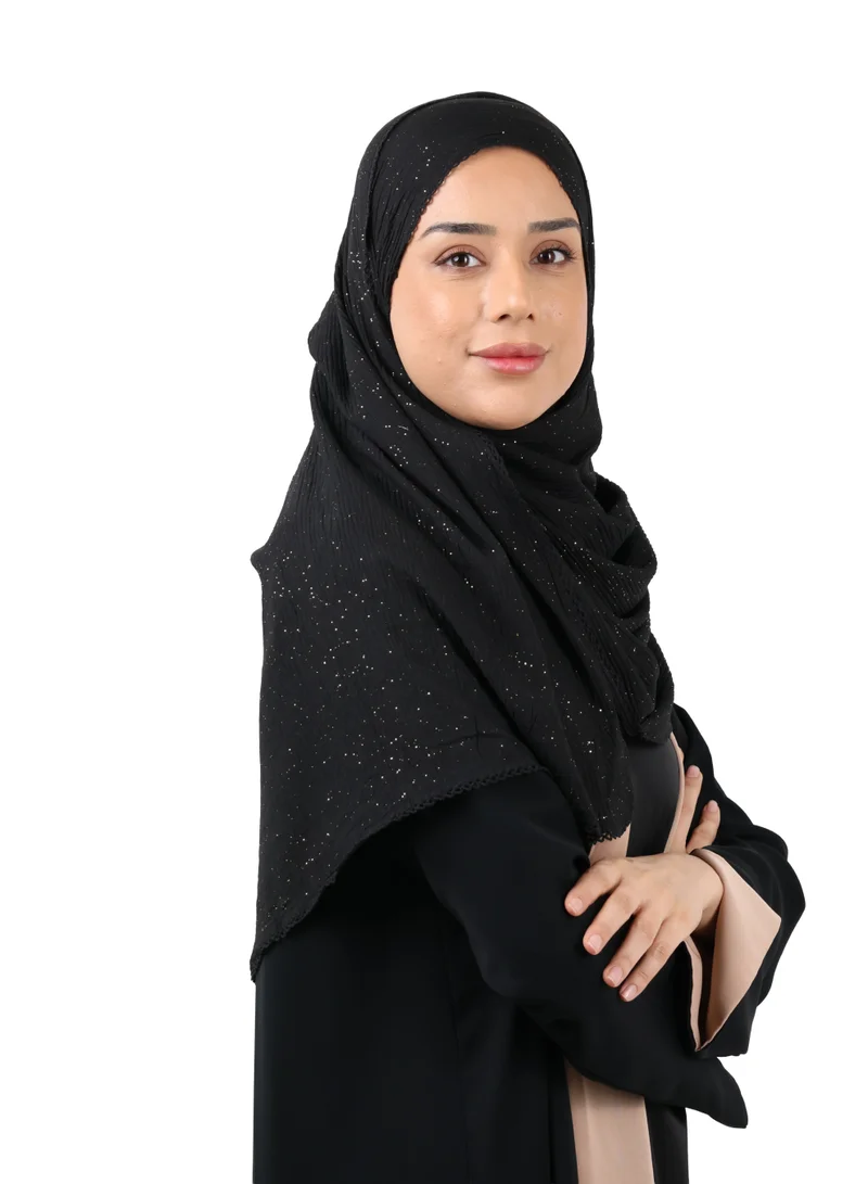 Jameela  Crinkle Cotton Mix Scarf with Lace Trim & Shimmer (Black) for Women | Best Price UAE
