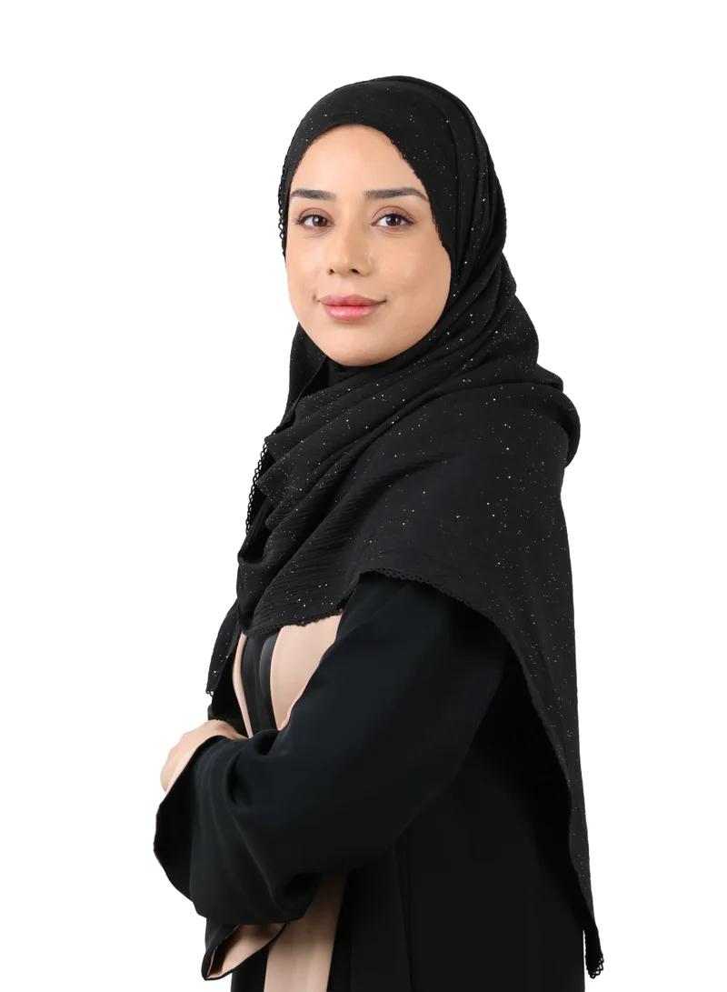 Jameela  Crinkle Cotton Mix Scarf with Lace Trim & Shimmer (Black) for Women | Best Price UAE