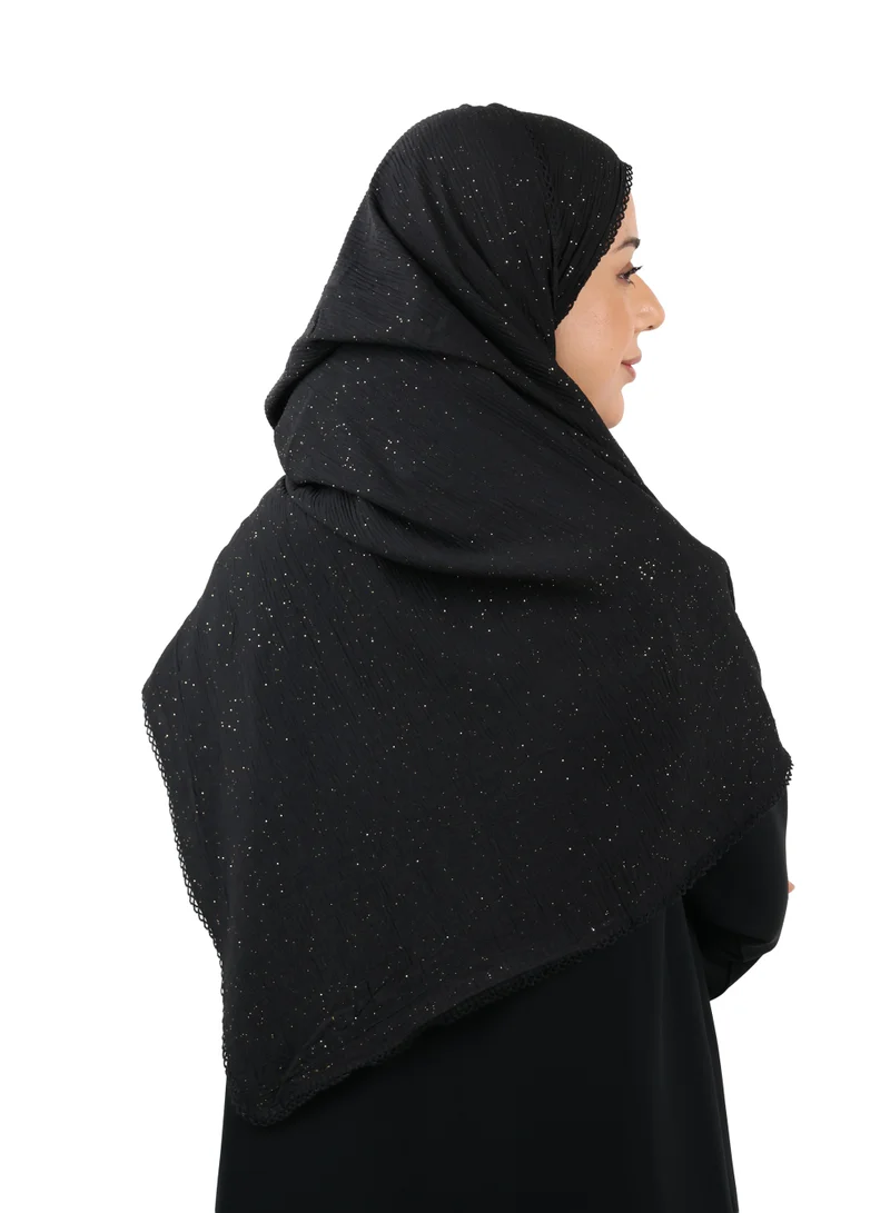 Jameela  Crinkle Cotton Mix Scarf with Lace Trim & Shimmer (Black) for Women | Best Price UAE