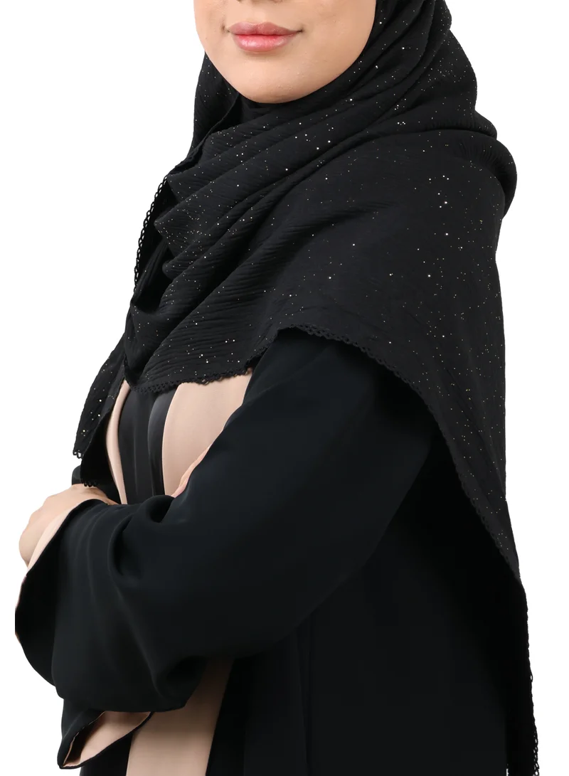 Jameela  Crinkle Cotton Mix Scarf with Lace Trim & Shimmer (Black) for Women | Best Price UAE